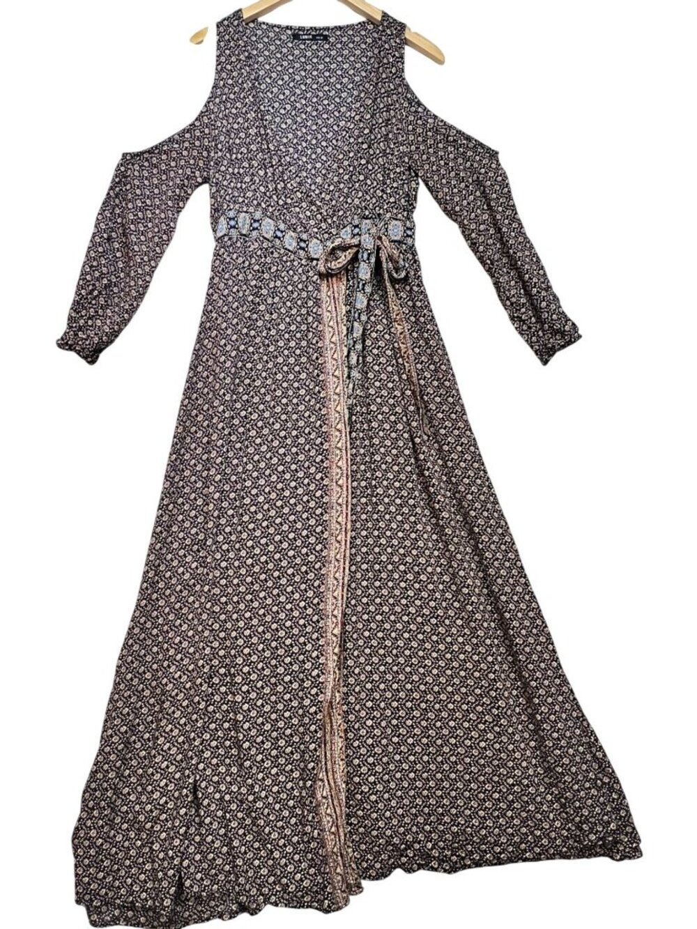 Lunik Womens Festival Cold Shoulder Maxi Dress Tie Waist M Blue Beige Printed